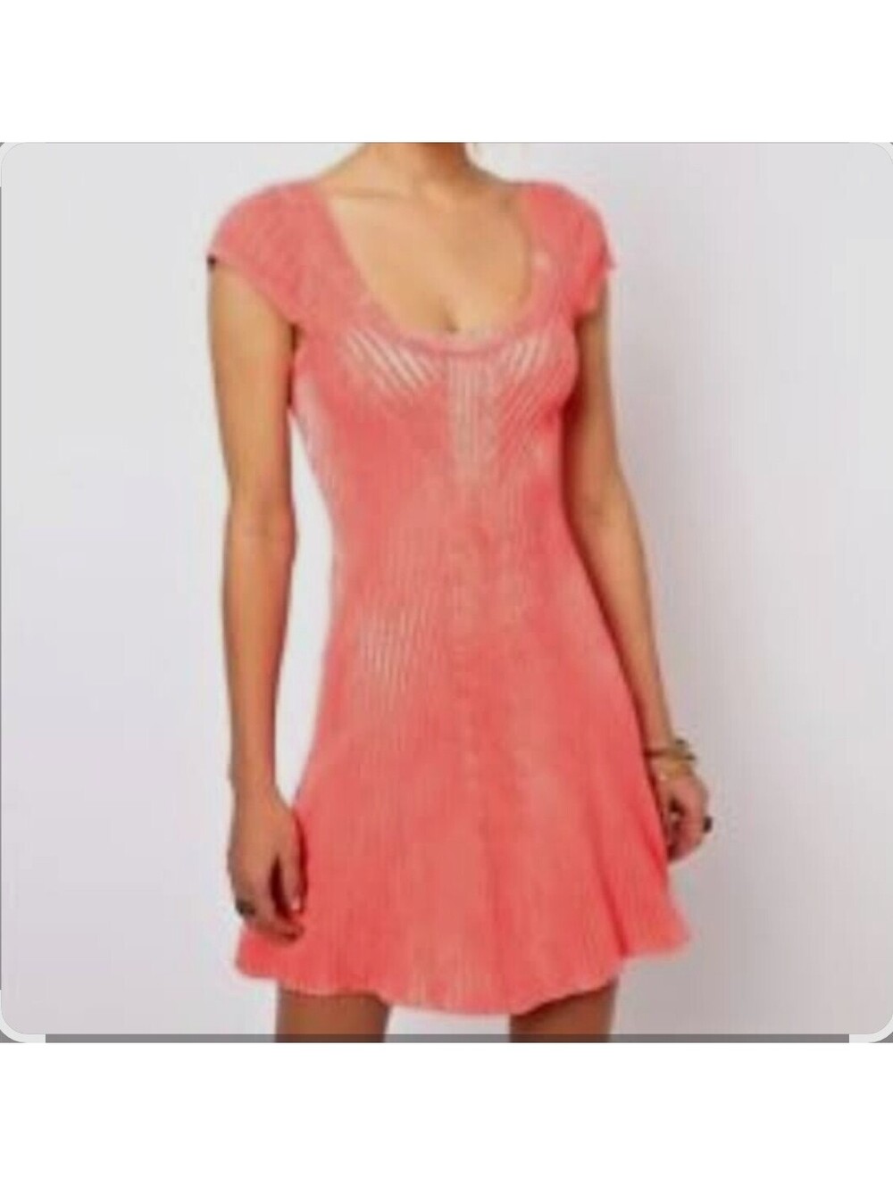 FREE PEOPLE Dress Sz L HOT OFF THE PRESS Pink Beige Striped A-Line Rib Knit $128